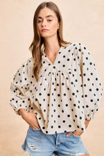 BiBi Polka Dot Corduroy Quarter Sleeves V Neck Blouse