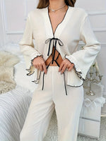 Contrast Trim Bow Tie Shirt and Pants Lounge Set - Ladyez