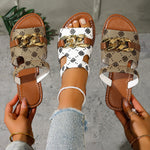 Chain-Decorated Patterned Slide Sandals