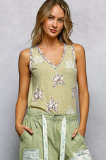 POL Floral Print Star Patch V-Neck Ribbed Tank