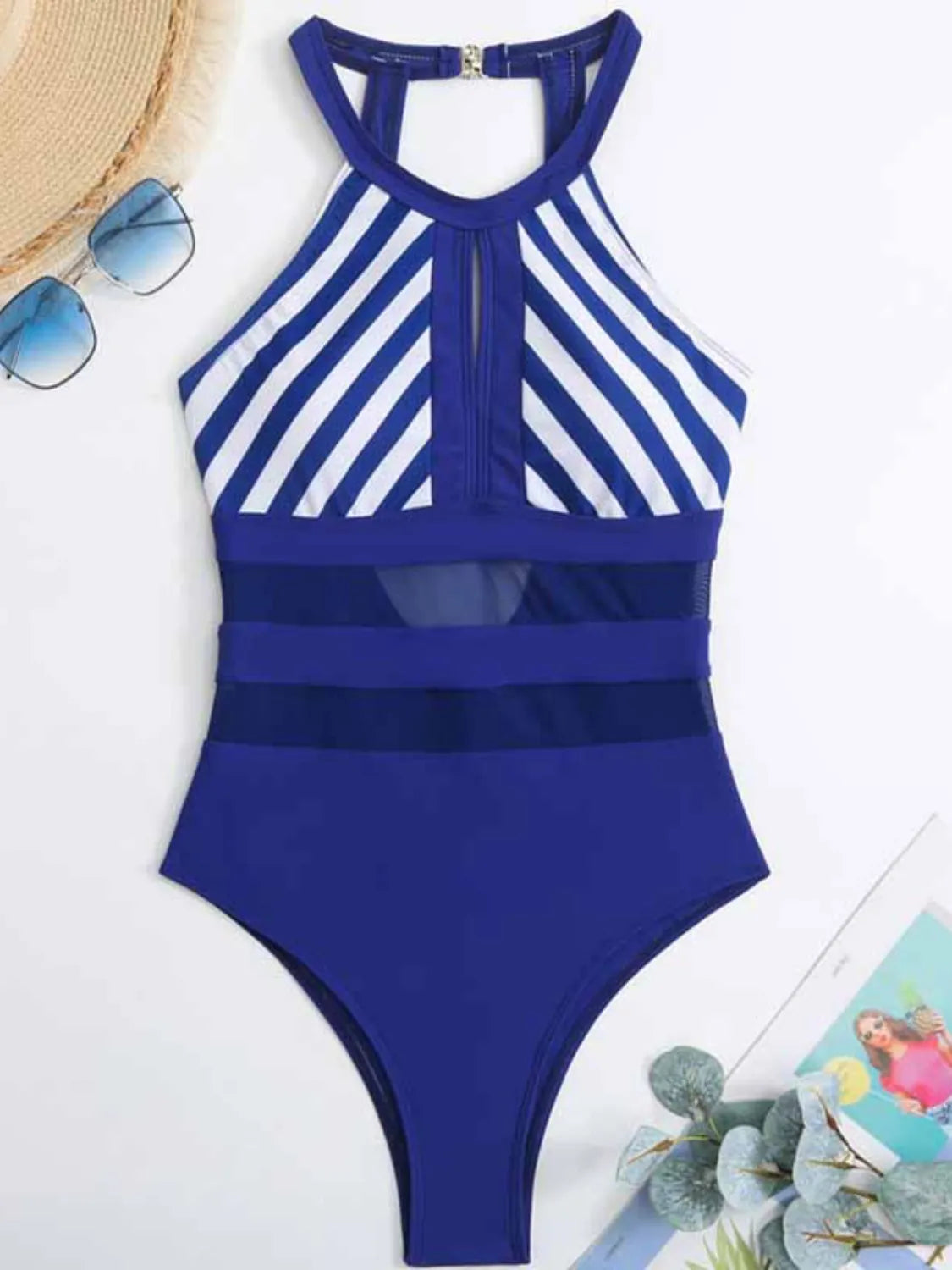 Mesh Detail Backless Striped One-Piece Swimsuit - Ladyez