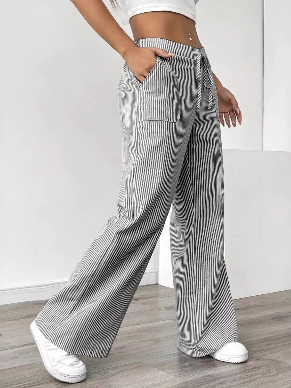 Striped Drawstring Wide-Leg Pants