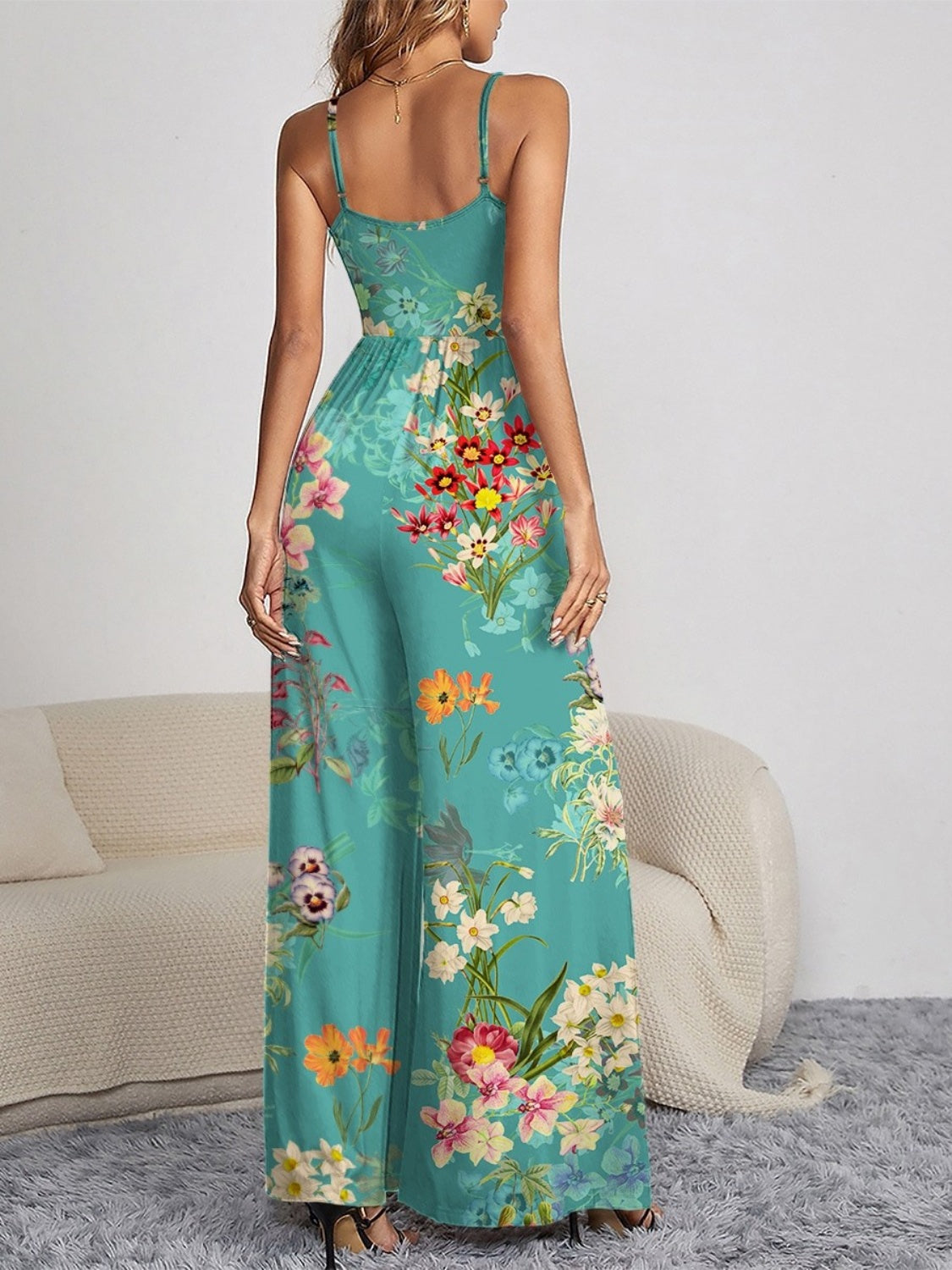 FAM-FAM Decorative Button Spaghetti Strap Wide Leg Jumpsuit - Ladyez
