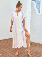 Slit Striped Notched Short Sleeve Cover Up - Ladyez