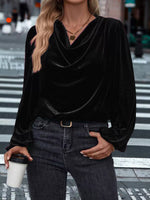 Velvet Cowl Neck Long Sleeve Blouse