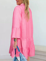 Stripe Flare Sleeve Half Placket Tiered Flowy Mini Dress