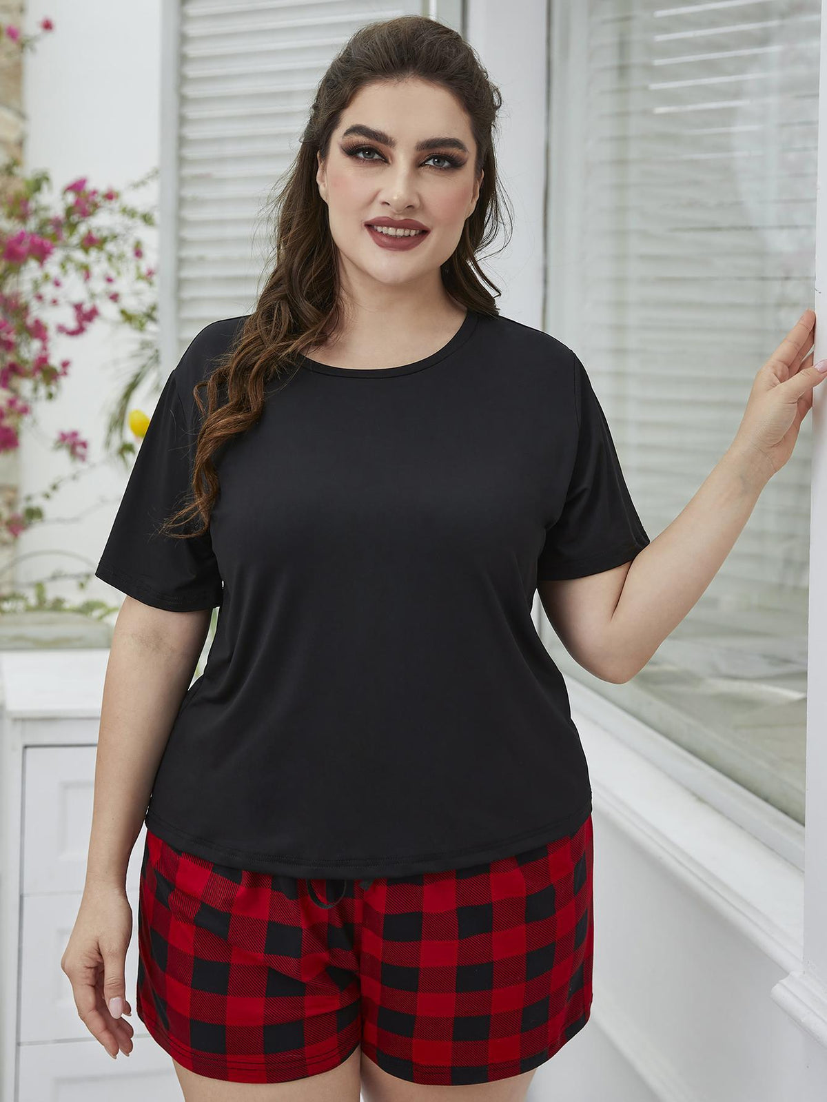 Plus Size Round Neck Tee Shirt and Plaid Shorts Lounge Set - Ladyez