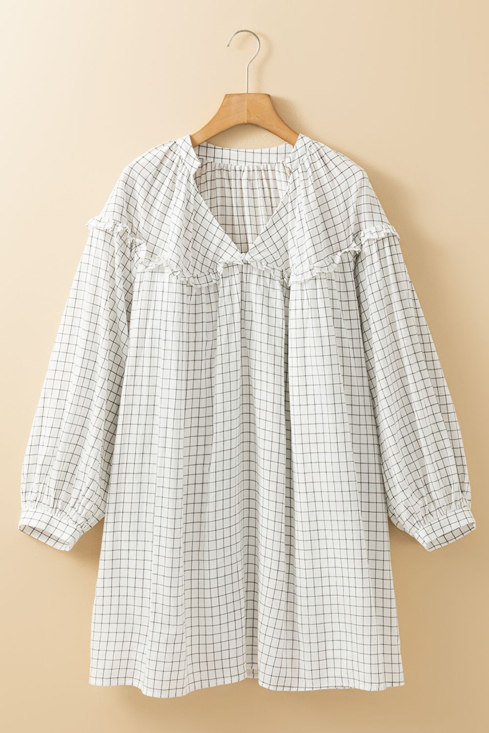 Frill Plaid Notched Balloon Sleeve Mini Dress - Ladyez