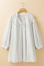 Frill Plaid Notched Balloon Sleeve Mini Dress - Ladyez