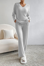 Ribbed V-Neck Top and Pants Lounge Set - Ladyez