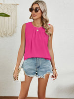 Round Neck Sleeveless Top with Pleated Front Detail - Ladyez