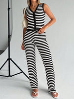 Striped Knit V-Neck Button-Up Sleeveless Top and Flare Pants Set