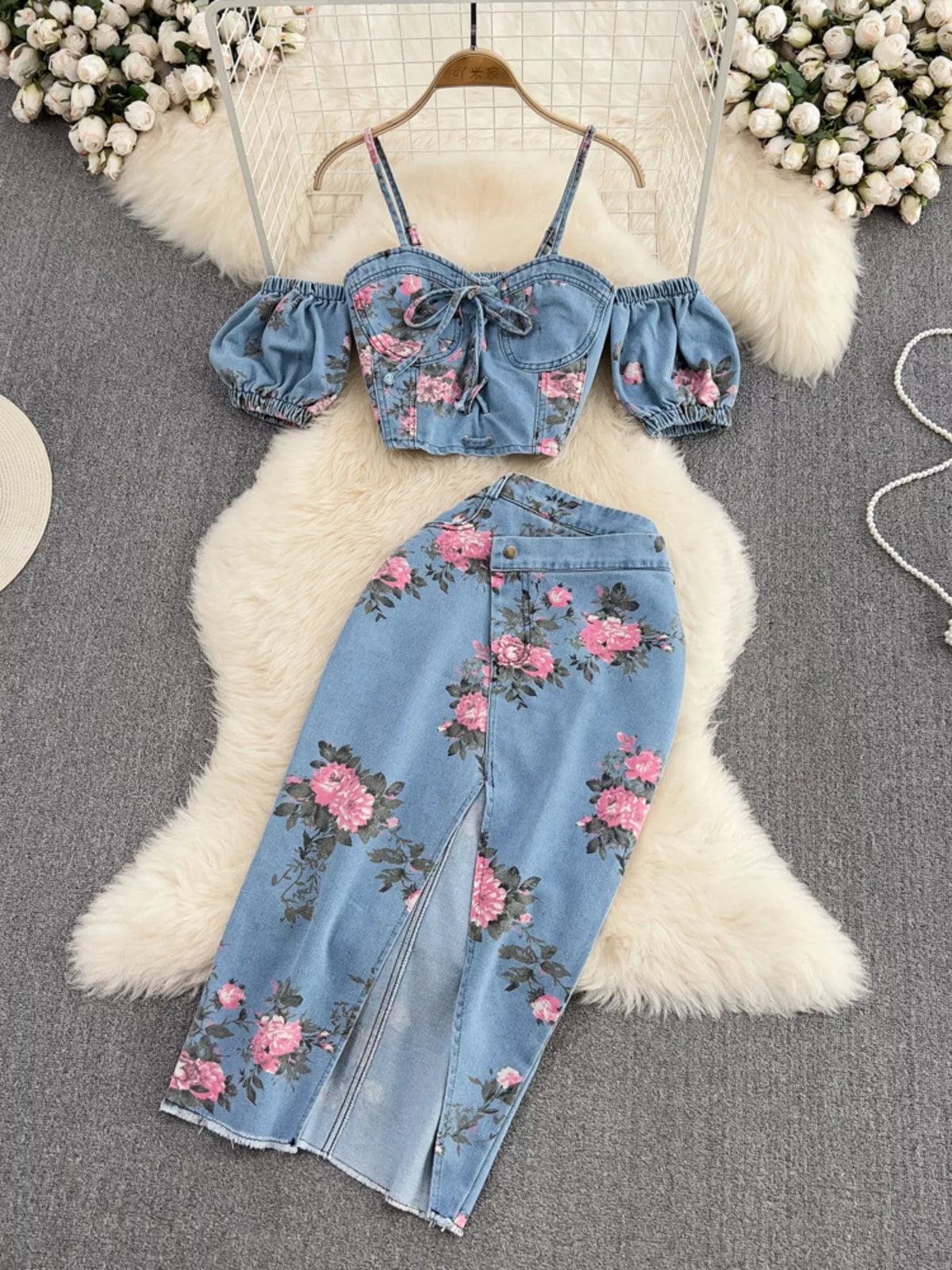 Floral Print Sweetheart Neck Cami and Skirt Denim Set