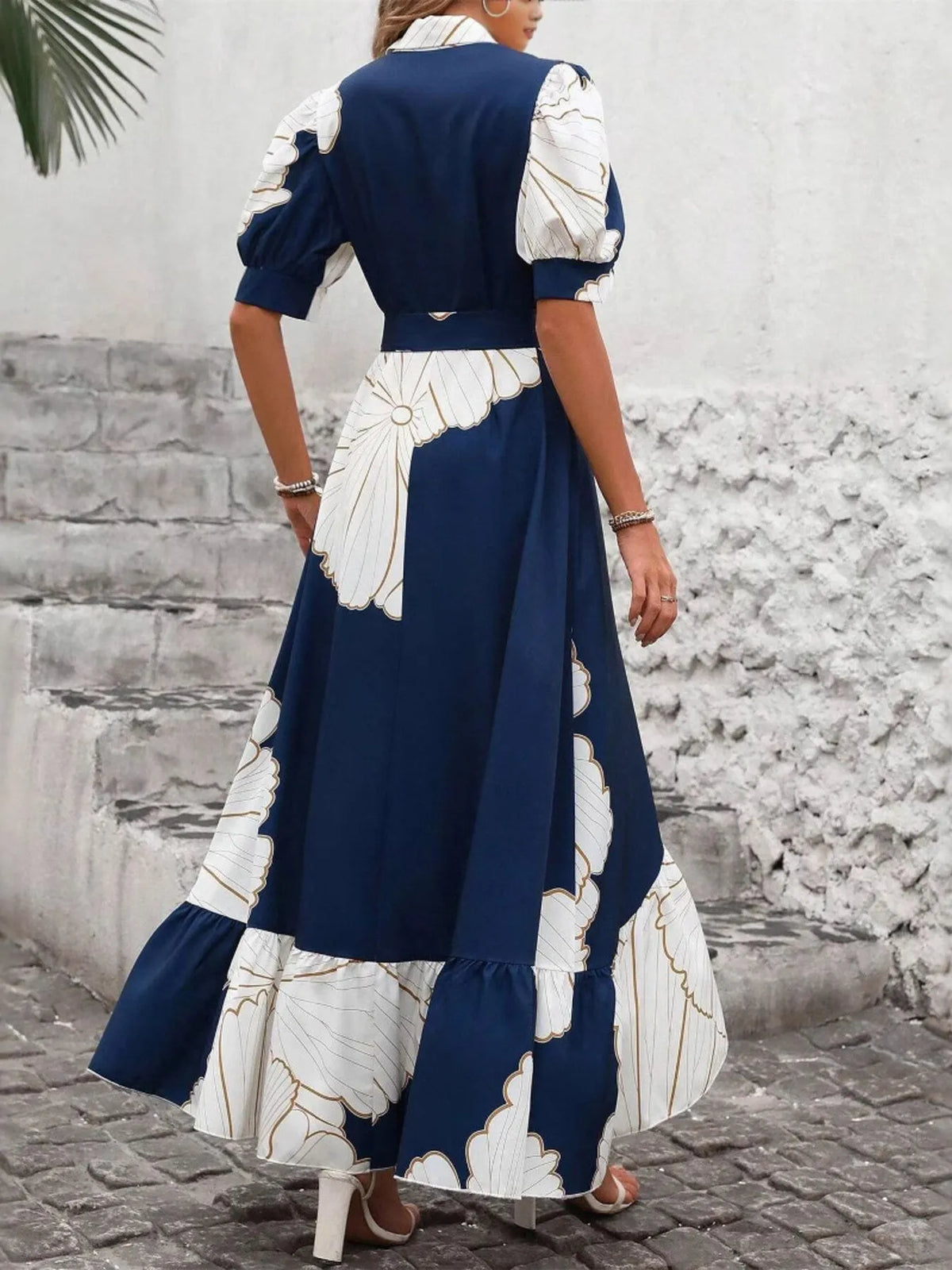 Printed Button Down Half Sleeve Maxi Shirt Dress - Ladyez