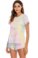Tie-Dye Round Neck Short Sleeve Top and Shorts Lounge Set - Ladyez