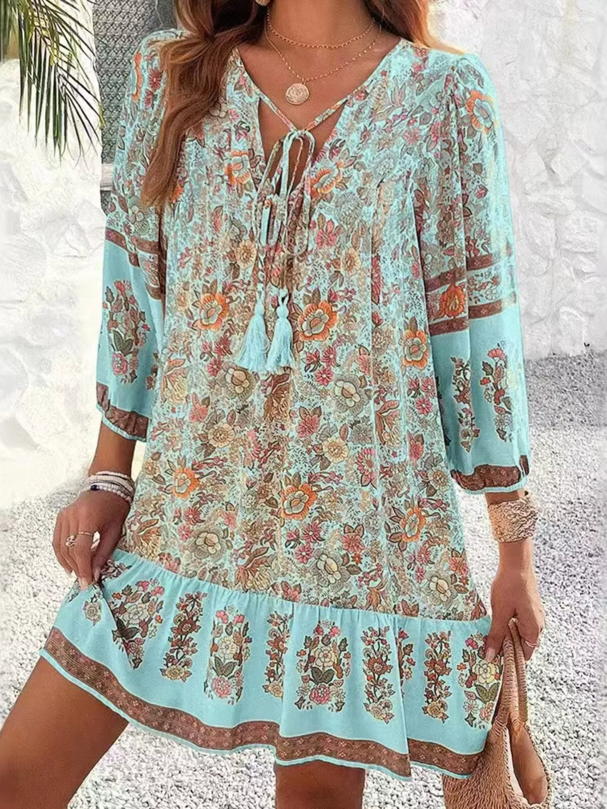 Floral Print Tassel Tie Neck Mini Dress