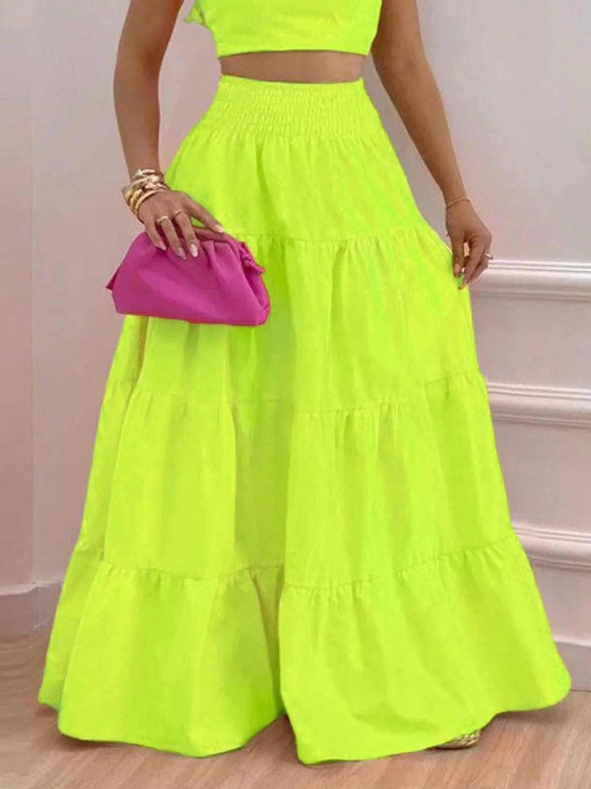 Full Size Ruffled Cami and Tiered Maxi Skirt Set Plus Size - Ladyez