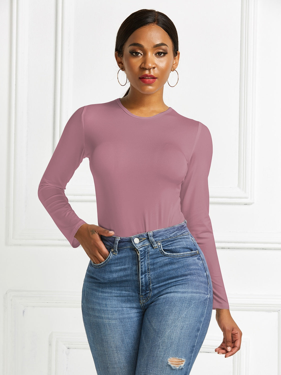 Round Neck Long Sleeve Bodysuit - Ladyez