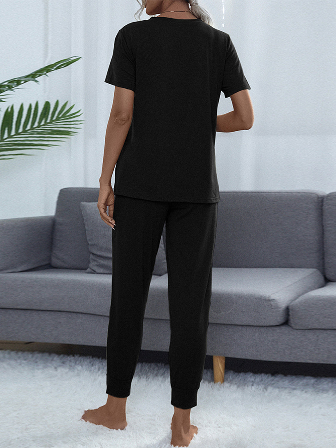 Shiny Round Neck Short Sleeve Top and Pants Set - Ladyez