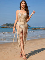 Fringe Openwork Spaghetti Strap Cover-Up - Ladyez