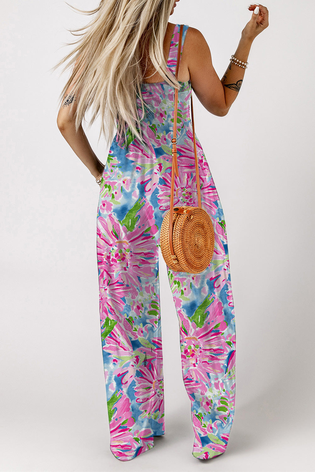 Floral Smocked Square Neck Jumpsuit with Pockets - Ladyez