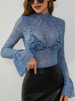 Mock Neck Long Sleeve Lace Top - Ladyez
