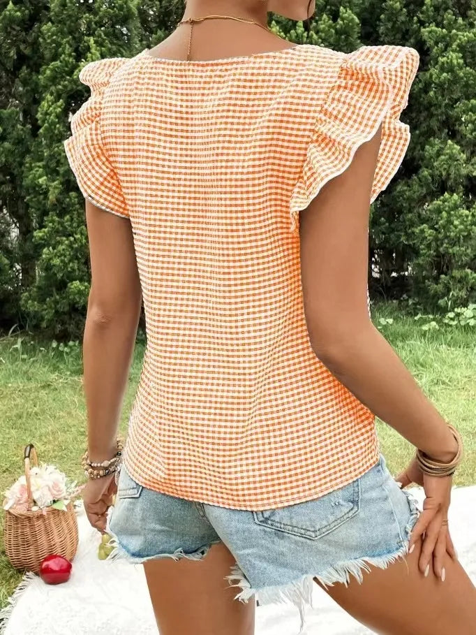 Ruffle Sleeve Gingham Square Neck Top - Ladyez