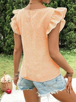Ruffle Sleeve Gingham Square Neck Top - Ladyez