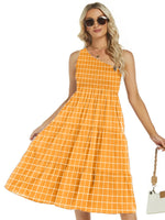 One-Shoulder Tiered Midi Dress with Smocked Bodice