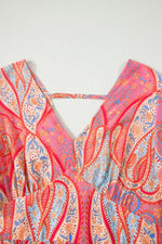 Paisley Print V-Neck Short Sleeve Boho Dress with Ruffle Details