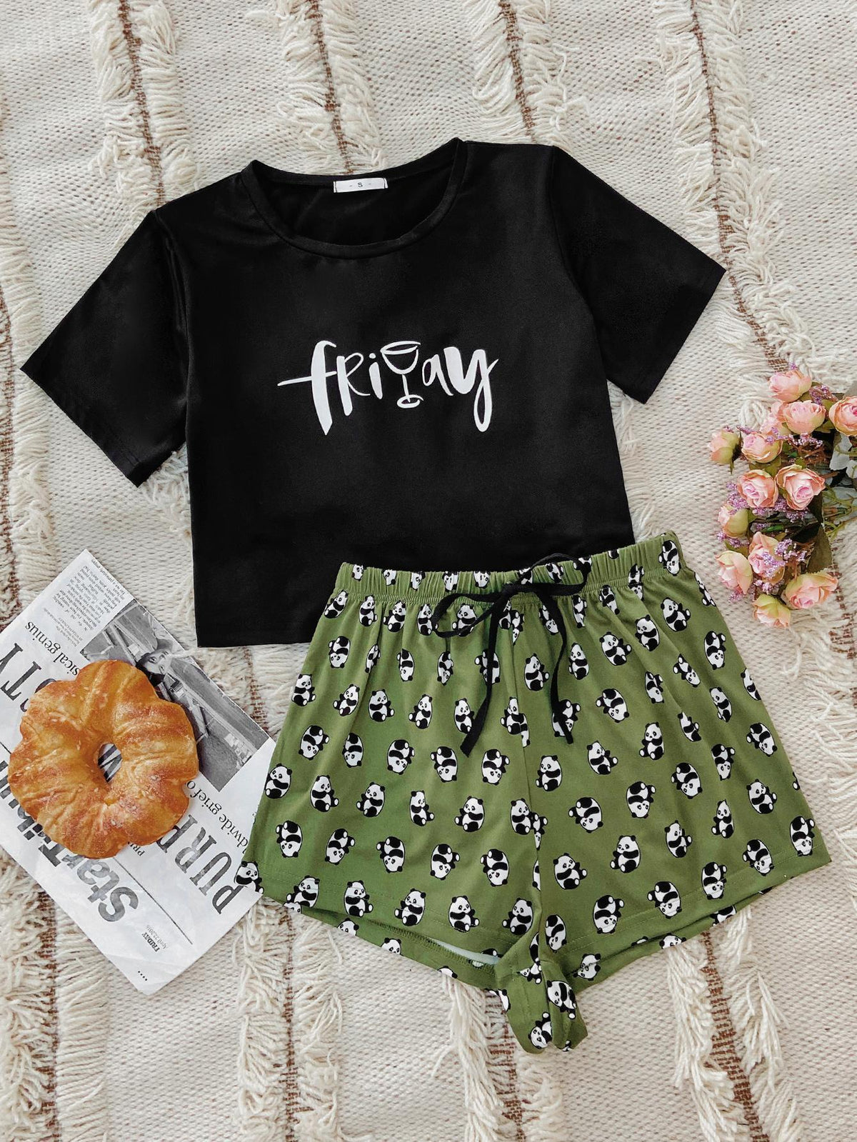 Graphic Tee and Panda Print Shorts Lounge Set - Ladyez