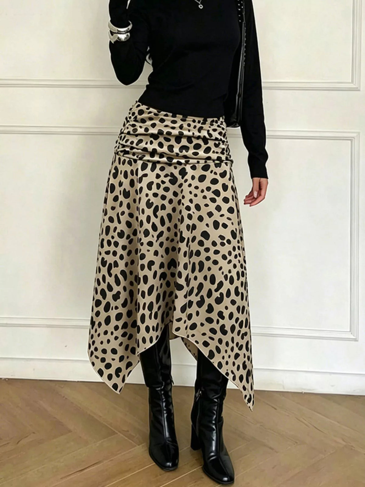 Leopard Print Asymmetrical Hem Midi Skirt
