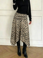Leopard Print Asymmetrical Hem Midi Skirt