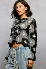 POL Floral Weave Pattern Crochet Cropped Top with Beads Detail