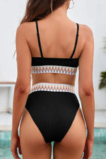Textured Contrast Banding Bikini High Waist 2pcs Swimsuit - Ladyez