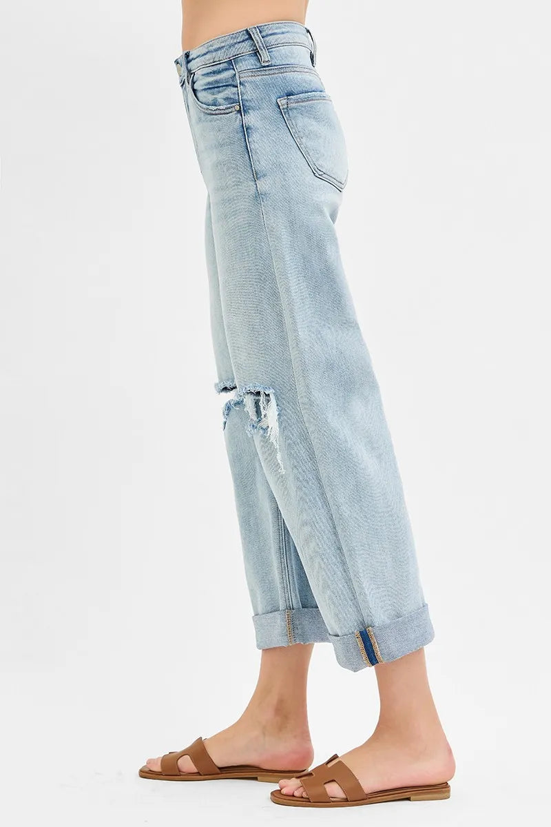 RISEN Full Size Mid Rise Fit Boyfriend Jeans with Cuff Plus Size - Ladyez