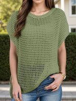 Openwork Round Neck Short Sleeve Cover-Up - Ladyez