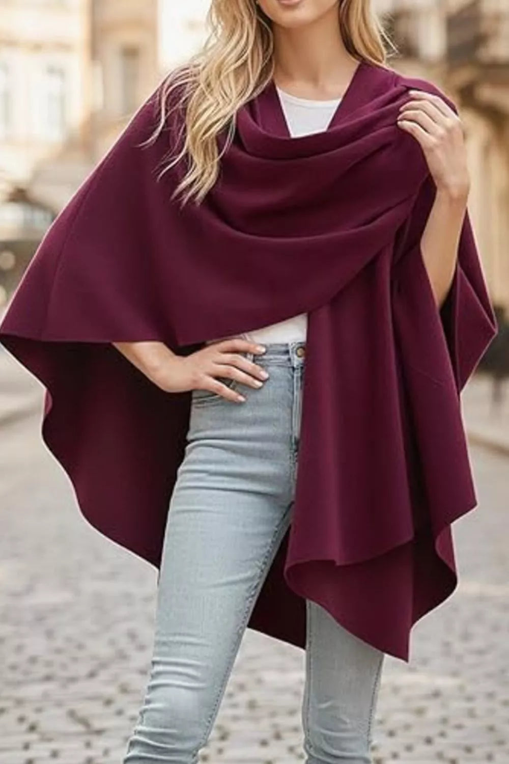 Draped Knitted Split Cape Shawl with Strap
