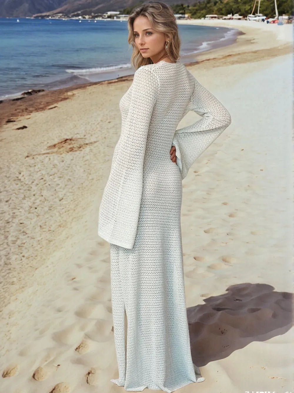 Slit Plunge Flare Sleeve Cover-Up Dress - Ladyez