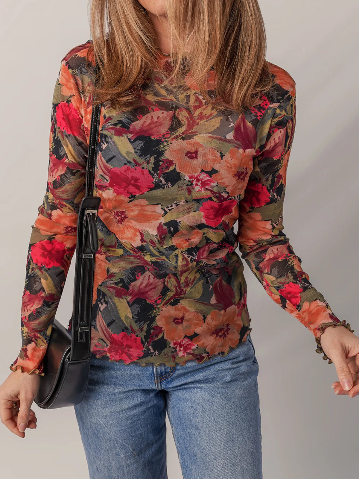 Multicolour Floral Print Lettuce Trim Long Sleeve Mesh Top - Ladyez