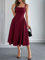 Square Neck Wide Strap Midi Dress - Ladyez