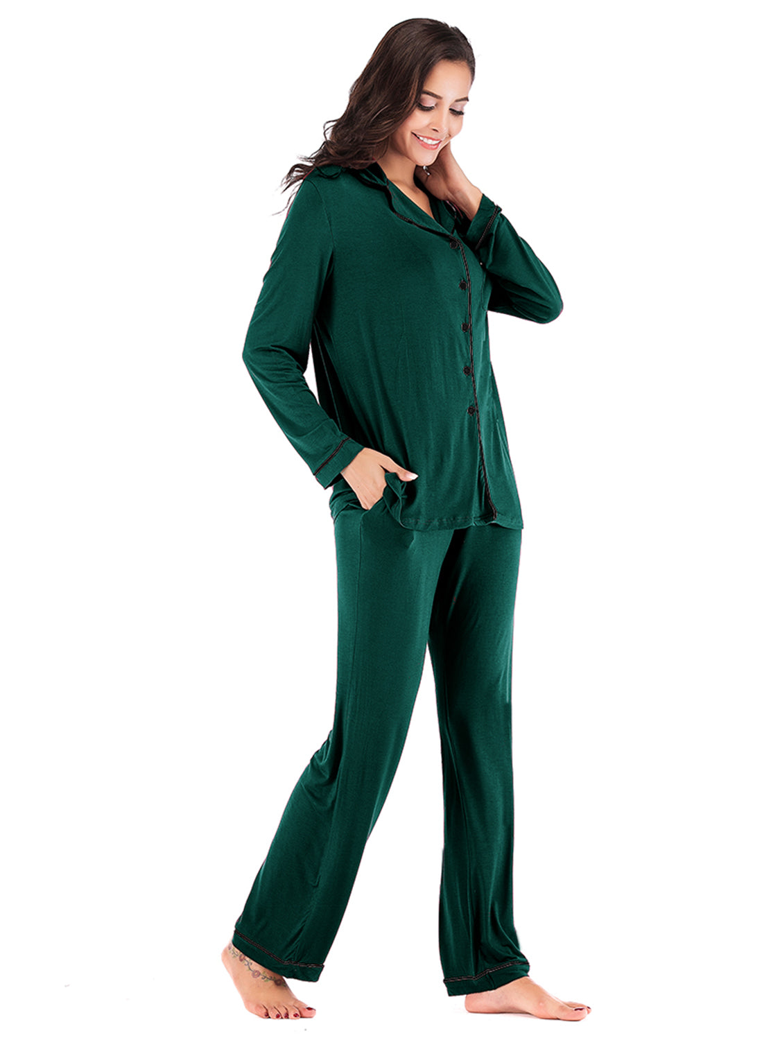 Collared Neck Long Sleeve Loungewear Set with Pockets - Ladyez