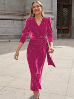 Surplice Puff Sleeve Midi Dress - Ladyez