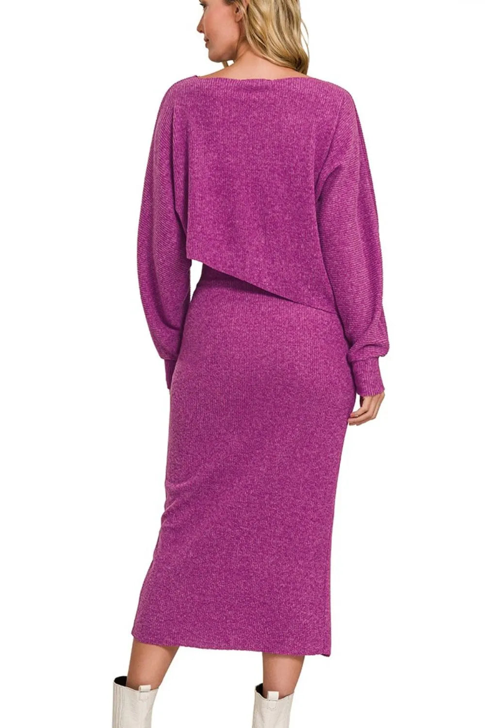 Zenana Ribbed Asymmetric Hem and Sleeve Top & Skirt Set