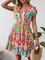 Abstract Print V Neck Dolman Sleeve Ruffle Tiered Mini Dress