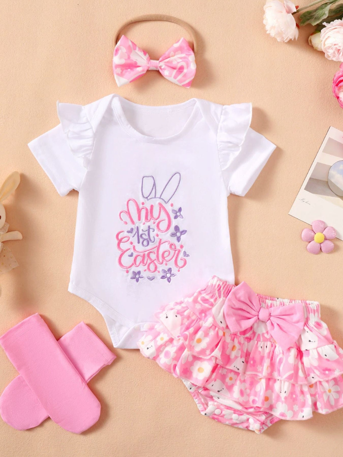 Children's Ruffled Trim Bodysuit and Skirt Set with Headband