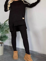 Full Size Slit Round Neck Top and Pants Set Plus Size