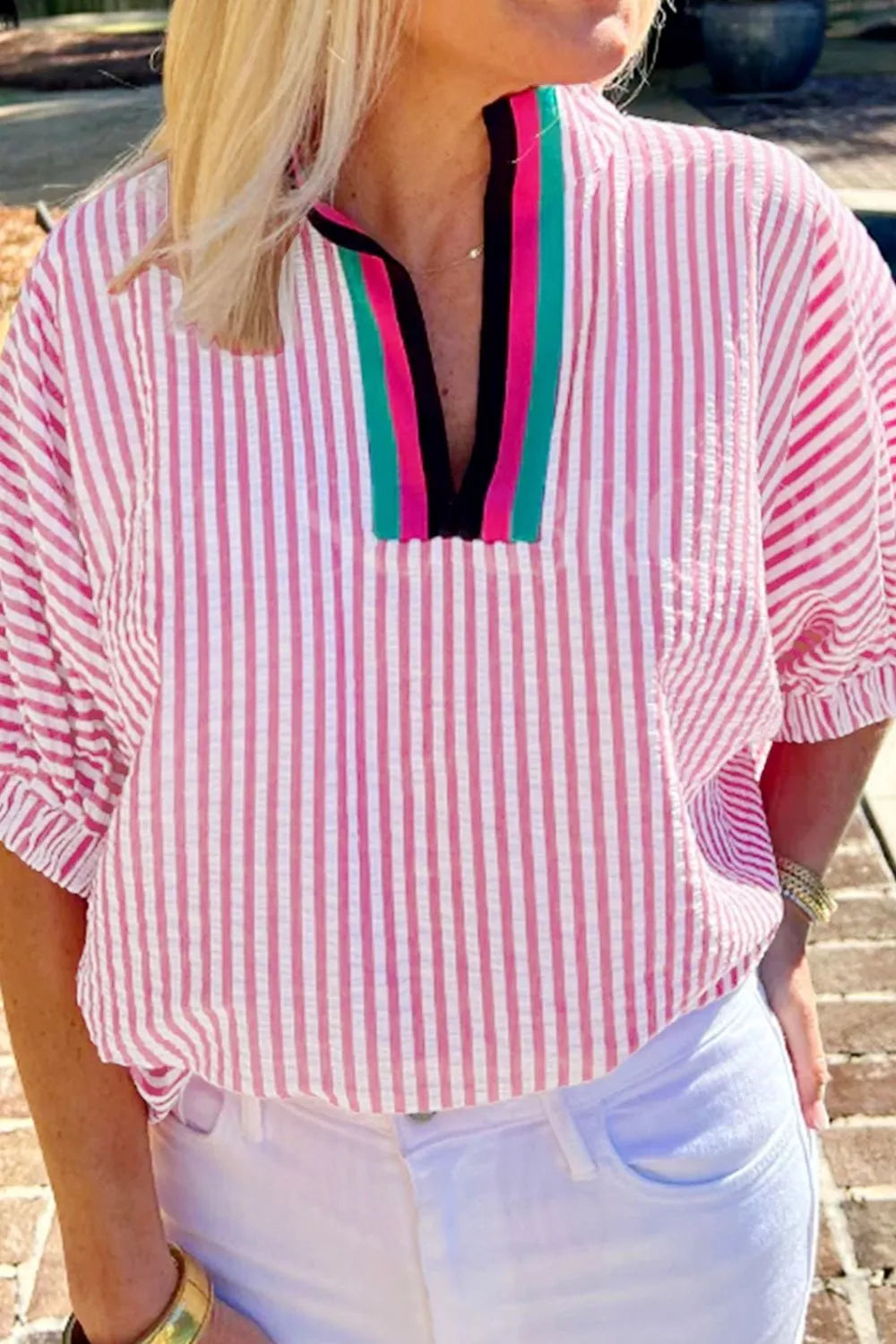 Striped Print Contrast Split Neck Dolman Sleeve Blouse - Ladyez