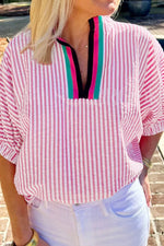 Striped Print Contrast Split Neck Dolman Sleeve Blouse - Ladyez
