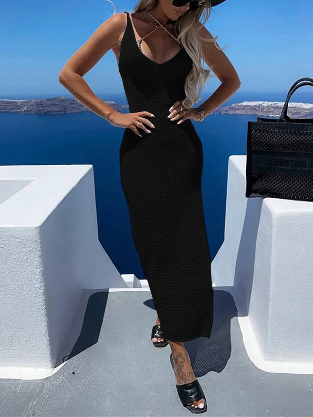 Slit Openwork V-Neck Sleeveless Cover Up - Ladyez